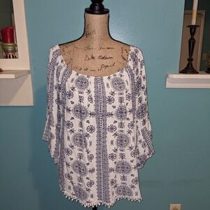White Blue Floral Embroidered Peasant Top‎ Bohemian Blouse 3/4 Bell Sleeve